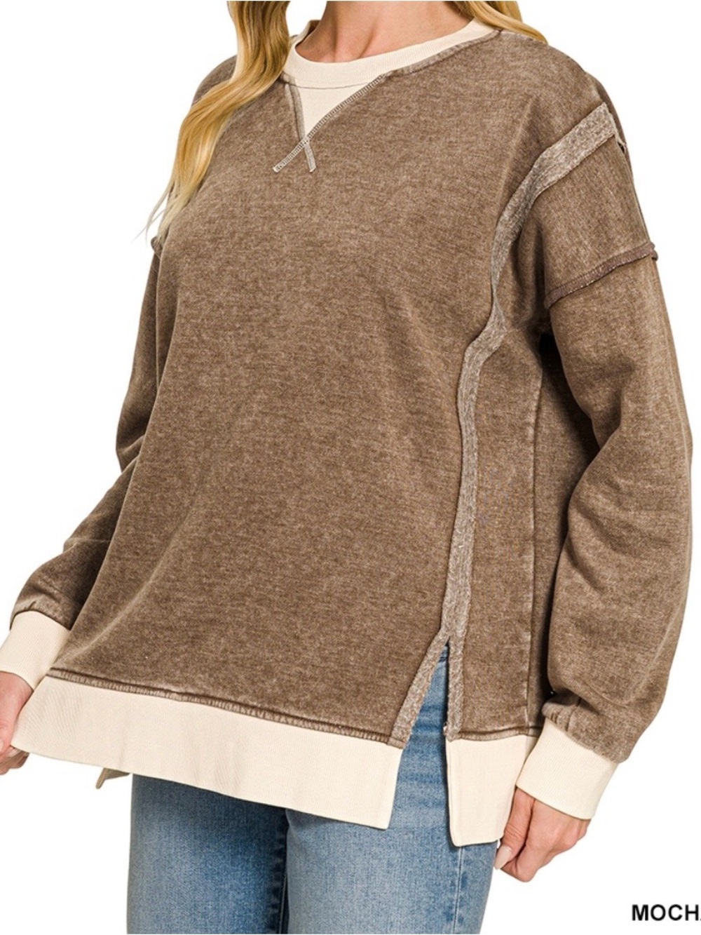Zenana Outfitters Mocha + Cream Contrast Crewneck Sweatshirt